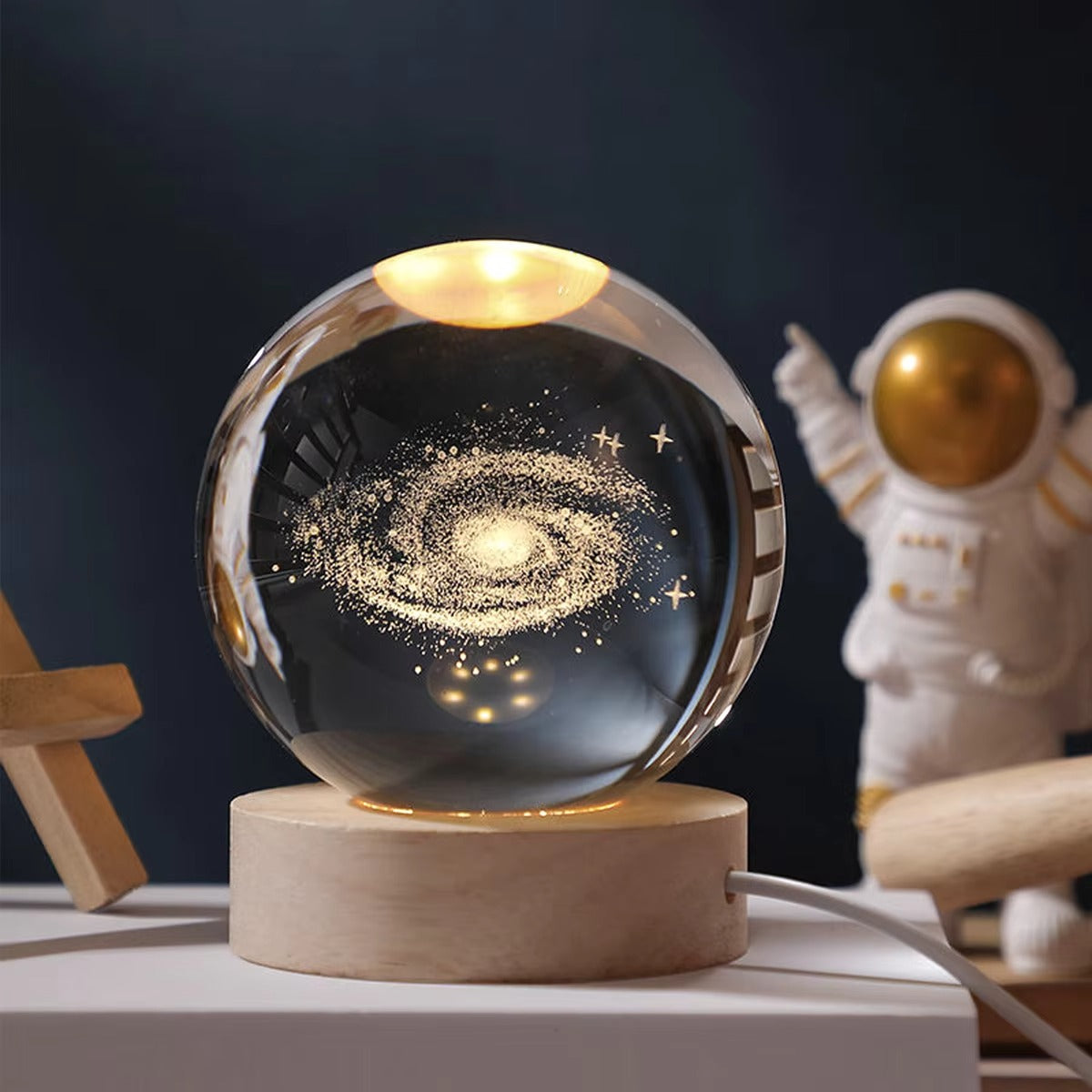 3D Crystal Ball Night Light | Wooden Luminous Base with LED Galaxy Solar System Battery Operated | Moon Decor for Desktop & Bedroom