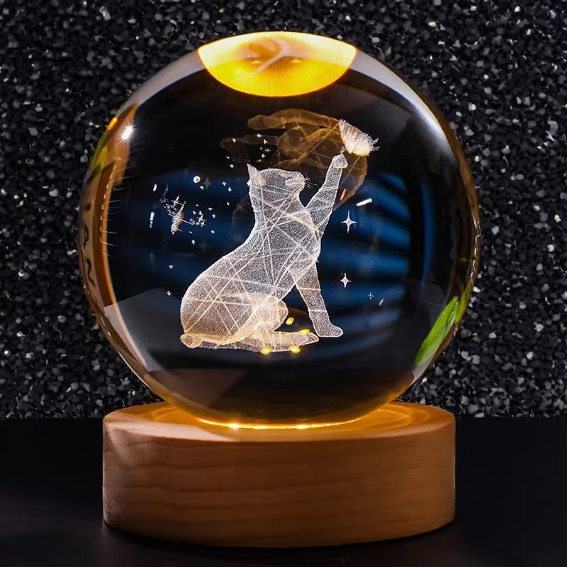 3D Inner Carved Crystal Ball Night Light | Charging Lamp Stand with Atmosphere Effect Desktop Ornaments for Decorative Lighting