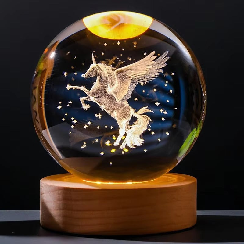 3D Inner Carved Crystal Ball Night Light | Charging Lamp Stand with Atmosphere Effect Desktop Ornaments for Decorative Lighting