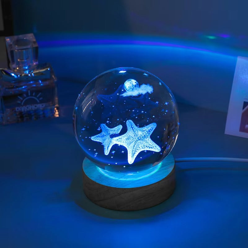 Cross-Border Ocean 3D Carved Glass Ball LED Night Light - Desktop Ornament for Bedroom Decor & Girls' Birthday Gifts