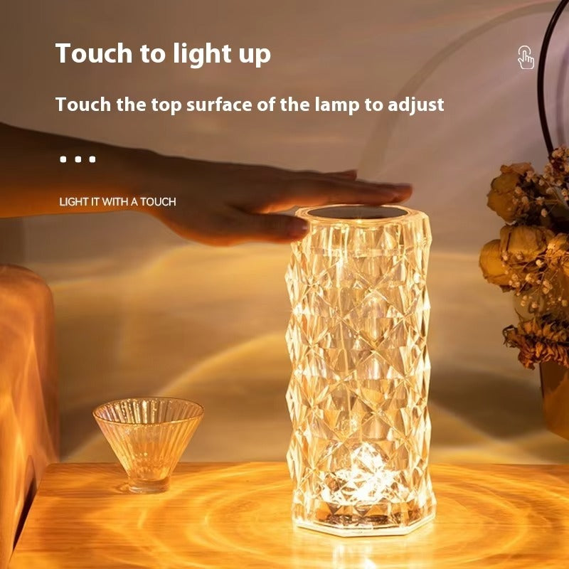 Modern Crystal Rose LED Touch Nightlight Table Lamp - Internet Popular Ins Style Romantic Bedside Light for Bedroom, Battery Powered Gift
