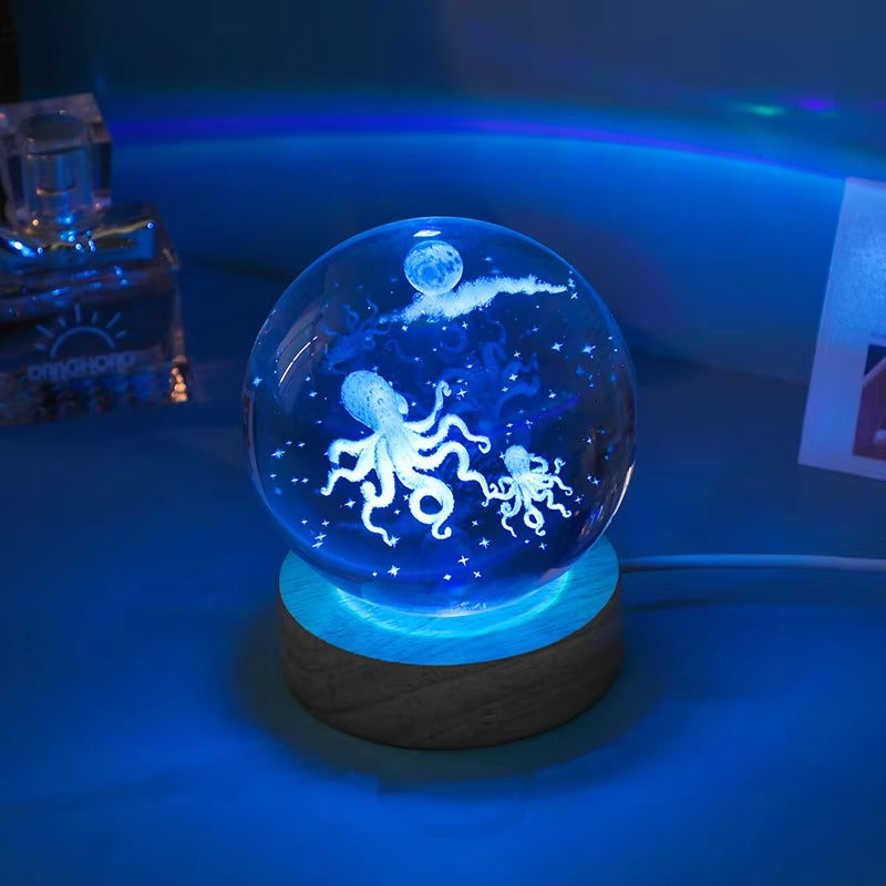 Cross-Border Ocean 3D Carved Glass Ball LED Night Light - Desktop Ornament for Bedroom Decor & Girls' Birthday Gifts