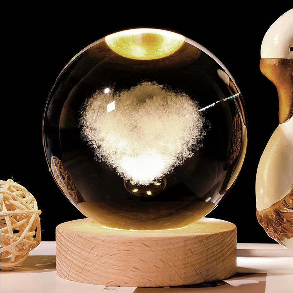 3D Crystal Ball Night Light | Wooden Luminous Base with LED Galaxy Solar System Battery Operated | Moon Decor for Desktop & Bedroom