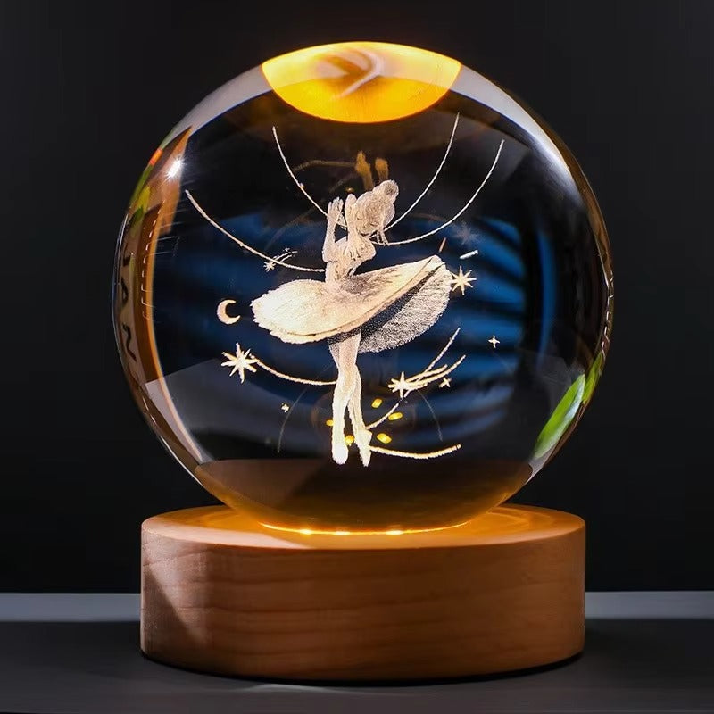 3D Inner Carved Crystal Ball Night Light | Charging Lamp Stand with Atmosphere Effect Desktop Ornaments for Decorative Lighting