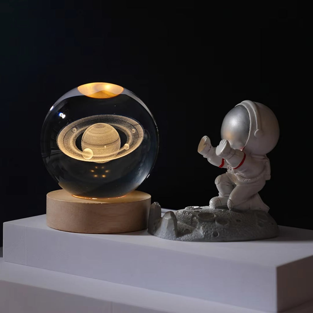 3D Crystal Ball Night Light | Wooden Luminous Base with LED Galaxy Solar System Battery Operated | Moon Decor for Desktop & Bedroom