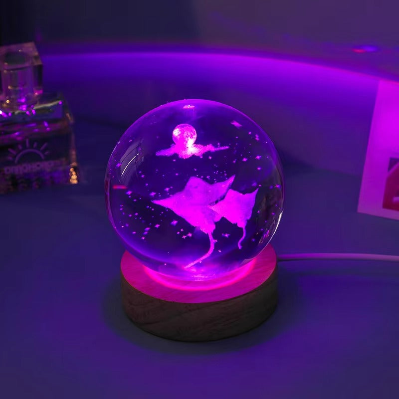 Cross-Border Ocean 3D Carved Glass Ball LED Night Light - Desktop Ornament for Bedroom Decor & Girls' Birthday Gifts
