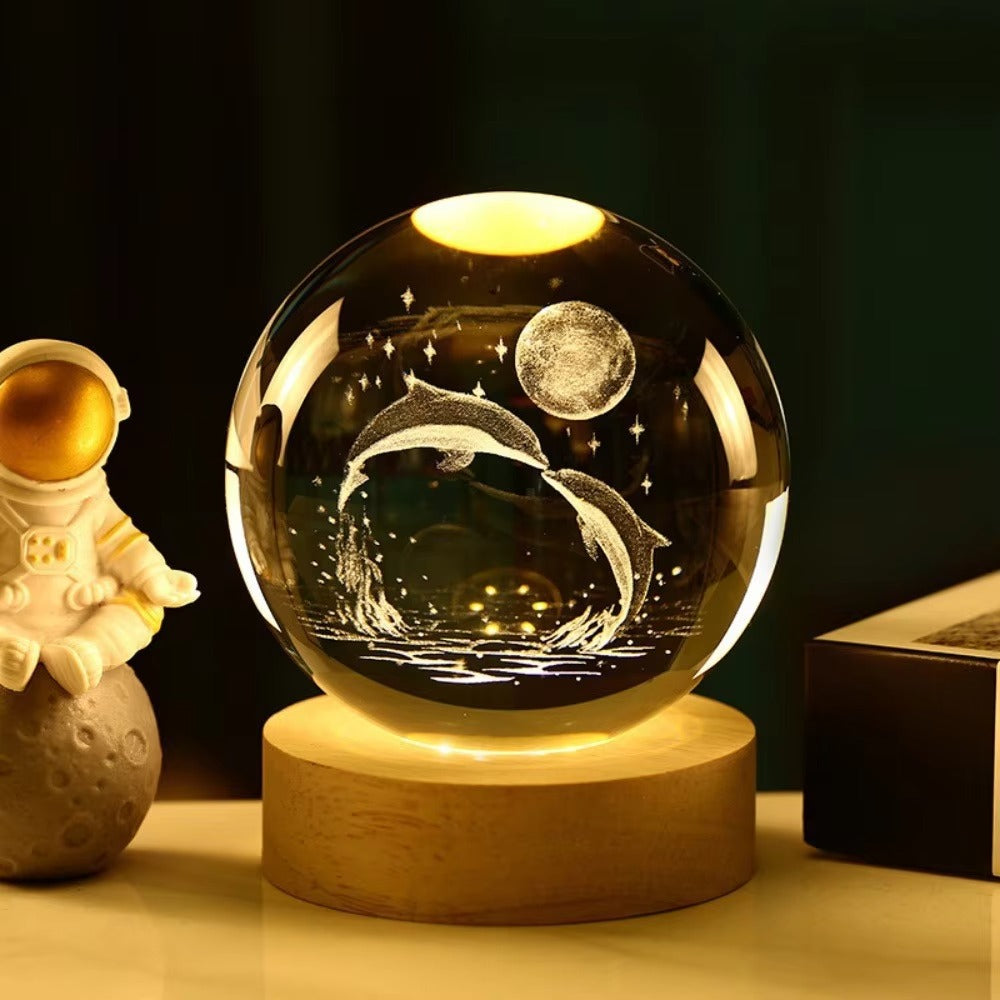 3D Crystal Ball Night Light | Wooden Luminous Base with LED Galaxy Solar System Battery Operated | Moon Decor for Desktop & Bedroom