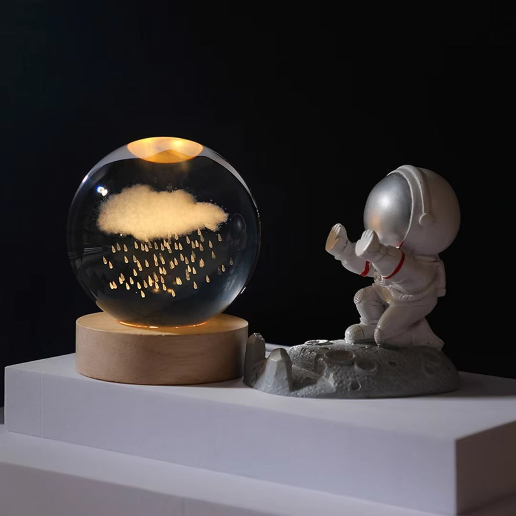3D Crystal Ball Night Light | Wooden Luminous Base with LED Galaxy Solar System Battery Operated | Moon Decor for Desktop & Bedroom