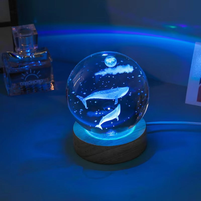Cross-Border Ocean 3D Carved Glass Ball LED Night Light - Desktop Ornament for Bedroom Decor & Girls' Birthday Gifts