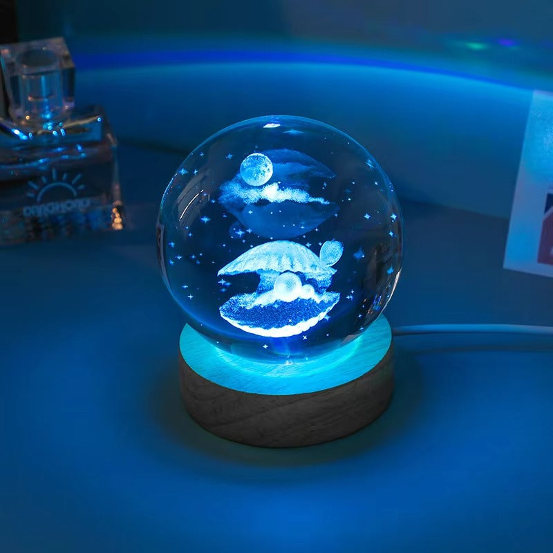 Cross-Border Ocean 3D Carved Glass Ball LED Night Light - Desktop Ornament for Bedroom Decor & Girls' Birthday Gifts