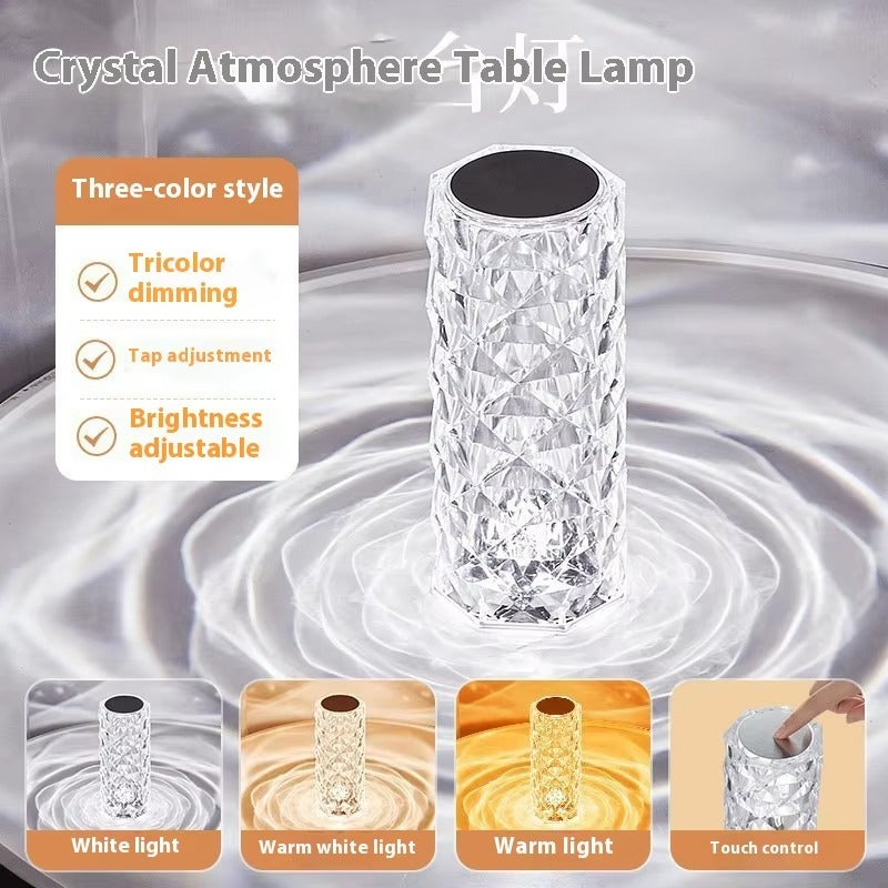 Modern Crystal Rose LED Touch Nightlight Table Lamp - Internet Popular Ins Style Romantic Bedside Light for Bedroom, Battery Powered Gift