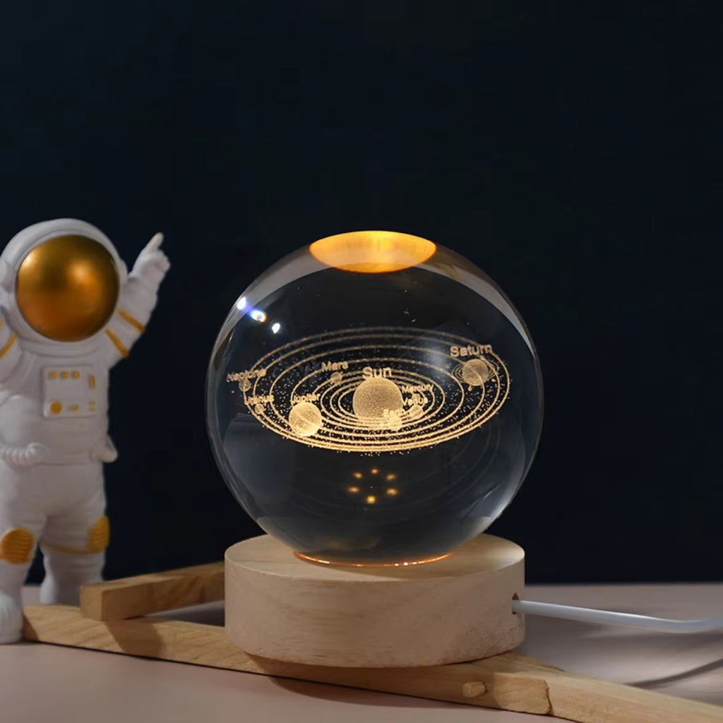 3D Crystal Ball Night Light | Wooden Luminous Base with LED Galaxy Solar System Battery Operated | Moon Decor for Desktop & Bedroom